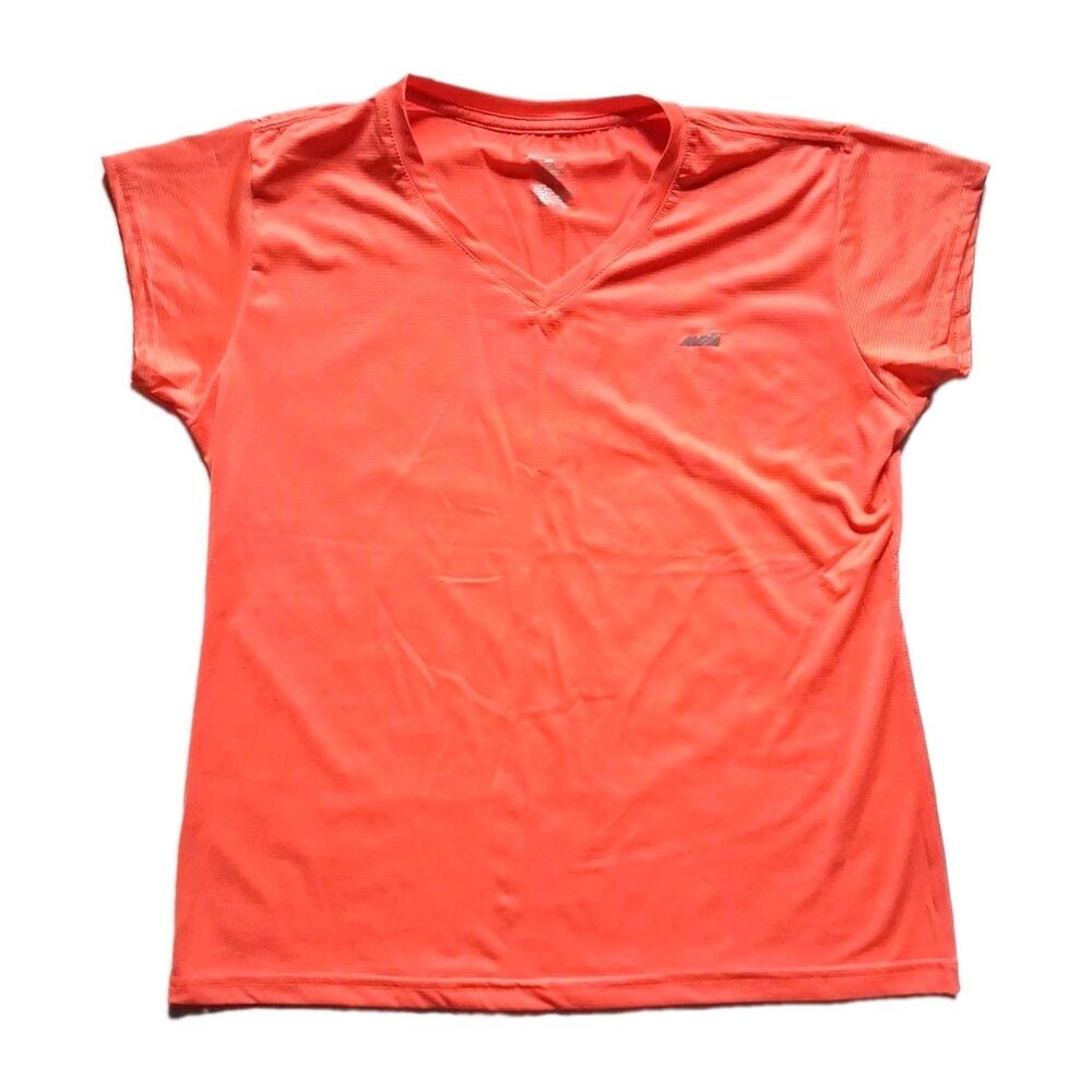 AVIA Womens XL Orange Striped V Neck Short Sleeve Athletic Activewear Top Tee